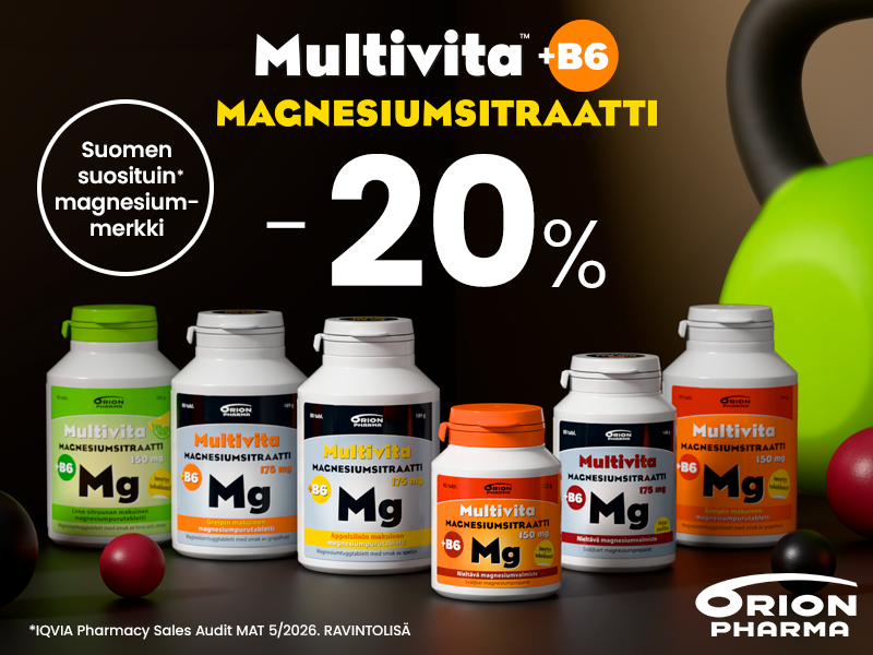 Multivita Magnesiumsitraatti + B6 – hyvin imeytyvä magnesium lihasten toimintaan, palautumiseen ja arjen jaksamiseen. Suomen suosituimpiin kuuluva magnesiumvalmiste. Nyt -20% elokuussa!
