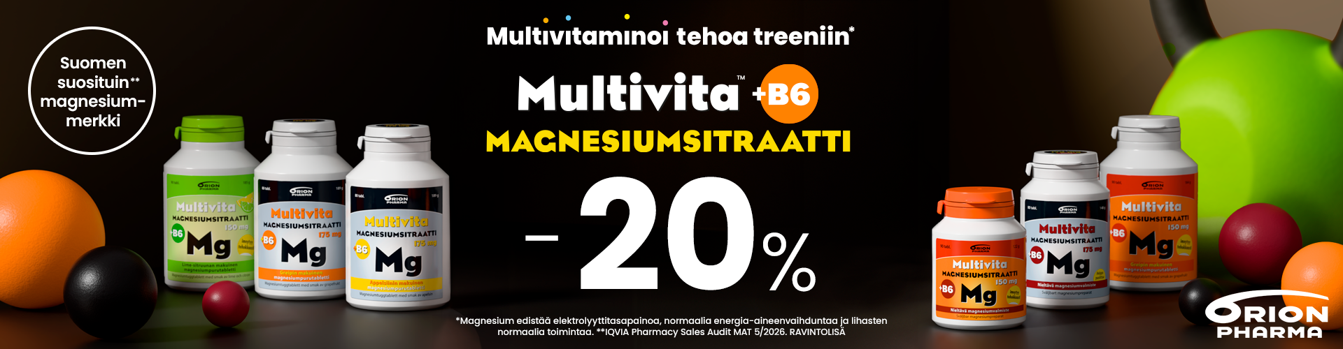 Multivita Magnesiumsitraatti + B6 – hyvin imeytyvä magnesium lihasten toimintaan, palautumiseen ja arjen jaksamiseen. Suomen suosituimpiin kuuluva magnesiumvalmiste. Nyt -20% elokuussa!