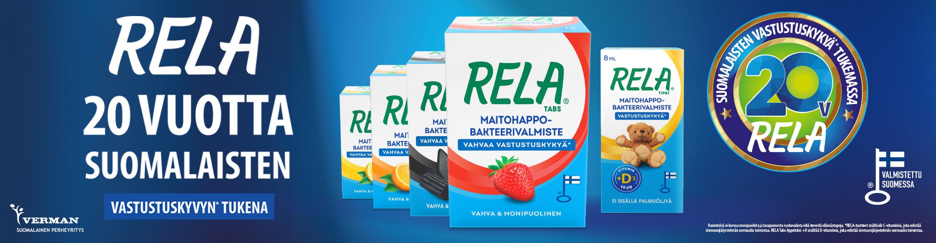 Koko perheen Rela-maitohappobakteerit sopivat päivittäiseen käyttöön. Rela-tuotteiden sisältämä C-vitamiini edistää immuunijärjestelmän normaalia toimintaa.