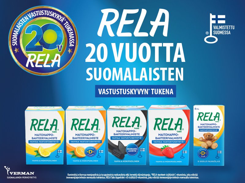 Koko perheen Rela-maitohappobakteerit sopivat päivittäiseen käyttöön. Rela-tuotteiden sisältämä C-vitamiini edistää immuunijärjestelmän normaalia toimintaa.