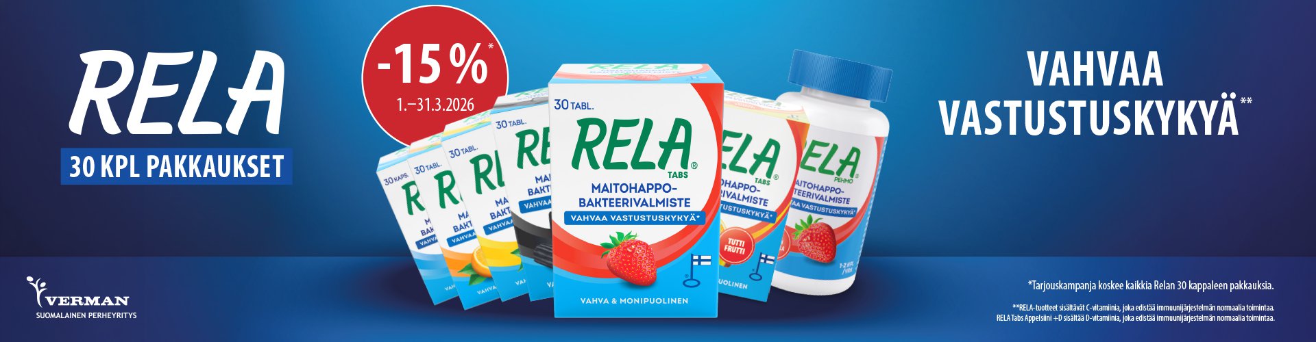 Kuvassa on useita Rela Tabs -tuotteita eri makuvaihtoehdoilla sekä purkkipakkaus.Rela on maitohappobakteerivalmiste, joka tukee vastustuskykyä. Pakkauksissa mainitaan C-vitamiini ja D-vitamiini, jotka edistävät immuunijärjestelmän normaalia toimintaa.