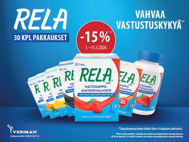 Kuvassa on useita Rela Tabs -tuotteita eri makuvaihtoehdoilla sekä purkkipakkaus.Rela on maitohappobakteerivalmiste, joka tukee vastustuskykyä. Pakkauksissa mainitaan C-vitamiini ja D-vitamiini, jotka edistävät immuunijärjestelmän normaalia toimintaa.