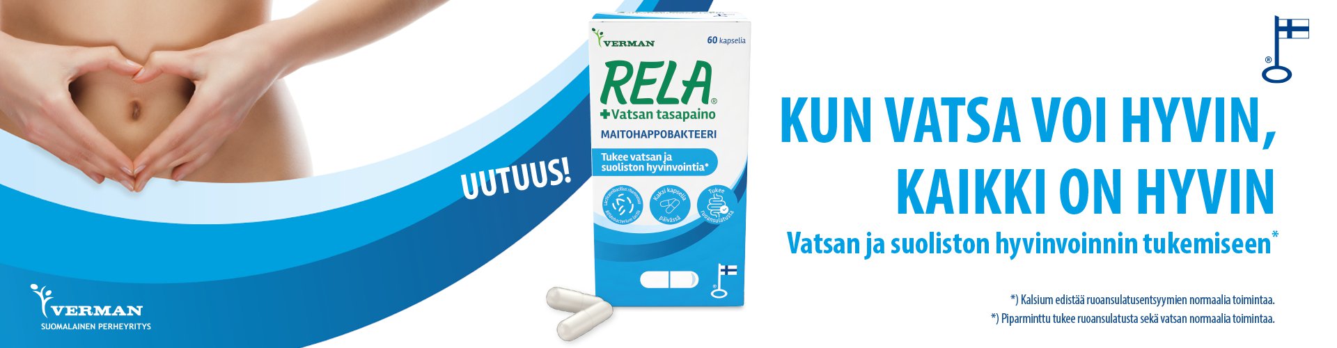 Tuote on suunniteltu tukemaan vatsan ja suoliston hyvinvointia.Pakkauksessa lukee Uutuus! sekä Tukee vatsan ja suoliston hyvinvointia.Tuote sisältää maitohappobakteereita, ja pakkauksen mukaan kalsium edistää ruoansulatusentsyymien normaalia toimintaa.