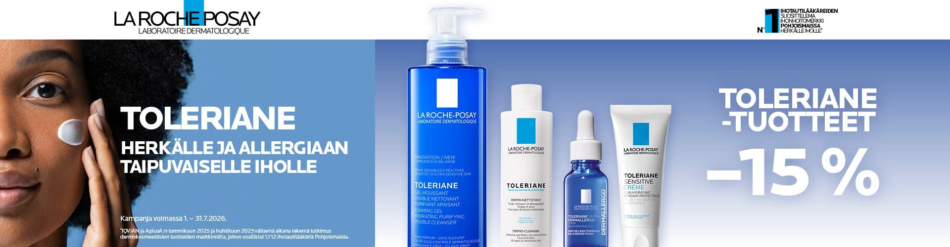 La Roche-Posay Toleriane -ihonhoitotuotteet herkälle ja allergiaan taipuvalle iholle. Kuvassa Toleriane-puhdistustuotteita, seerumi ja kasvovoide sekä -15 % kampanjatarjous, voimassa 1.–31.7.2026.