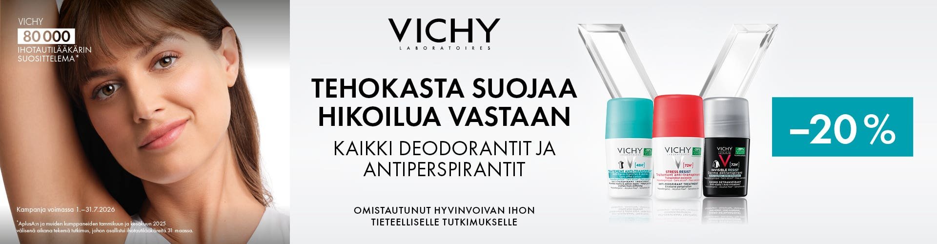 Vichy Laboratoires -deodorantit ja antiperspirantit tarjoavat tehokasta suojaa hikoilua vastaan. Kuvassa kolme Vichy-deodoranttia sekä -20 % kampanjatarjous, voimassa 1.–31.7.2026.