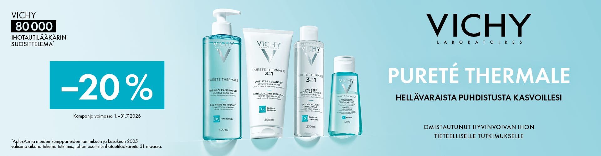 Vichy Pureté Thermale -sarjan kasvojenpuhdistustuotteet tarjoavat hellävaraista puhdistusta kaikille ihotyypeille. Kuvassa puhdistusgeeli, puhdistusvoide, misellivesi ja silmämeikinpoistoaine sekä -20 % kampanjatarjous, voimassa 1.–31.7.2026.