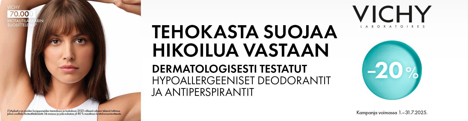 Hikoilua hillitsevä suoja ja raikas olo – nyt -20 % kaikista Vichy Antiperspiranteista! Luotettavaa tehokkuutta ja hellävaraista hoitoa ihollesi kuumana kesäpäivänä. Tarjous voimassa koko heinäkuun ajan – tartu tilaisuuteen!
