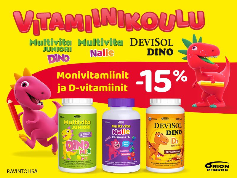 Orion Pharman lasten vitamiinit -15 % alennuksessa elokuussa 2025. Tarjouksessa Multivita Juniori Dino, Multivita Nalle ja Devisol Dino D-vitamiinit. Värikäs kampanja nimeltään "Vitamiinikoulu", jossa iloisten dinosaurusten kuvitus. Saatavilla apteekista.