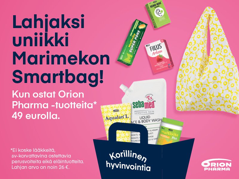 Osta 49 eurolla Orionin tuotteita saat Marimekon Smartbagin lahjaksi!