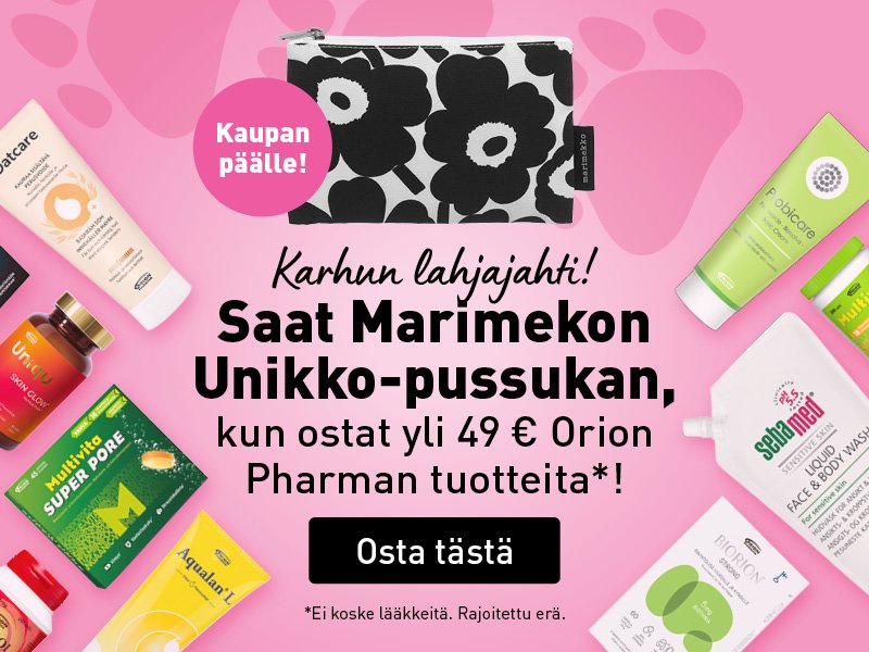 Orionin tuotteita halvalla ja lahjaksi Marimekon pussukka.