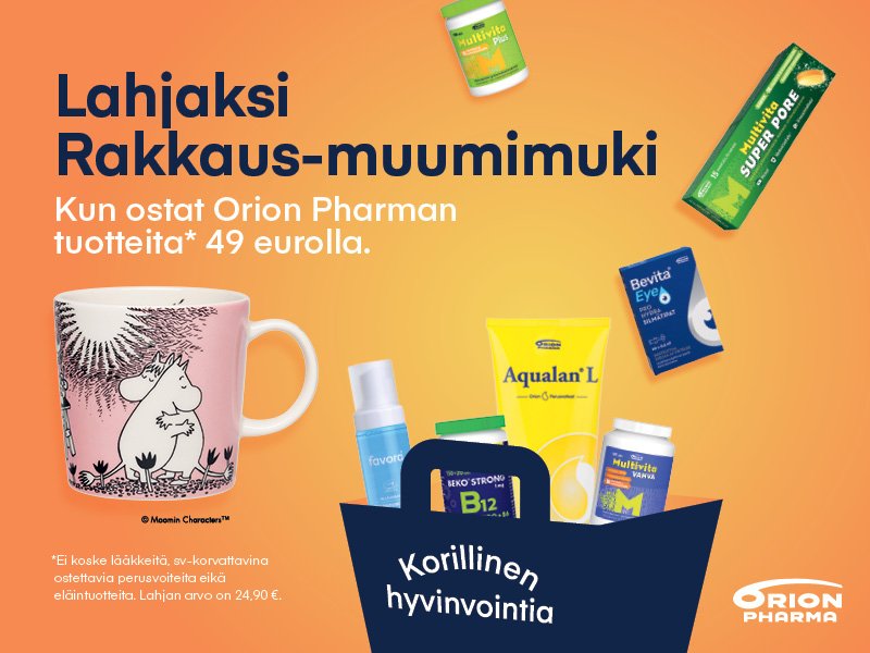 Osta Orionin tuotteita 49 eurolla saat lahjaksi Rakkaus-muumimukin.