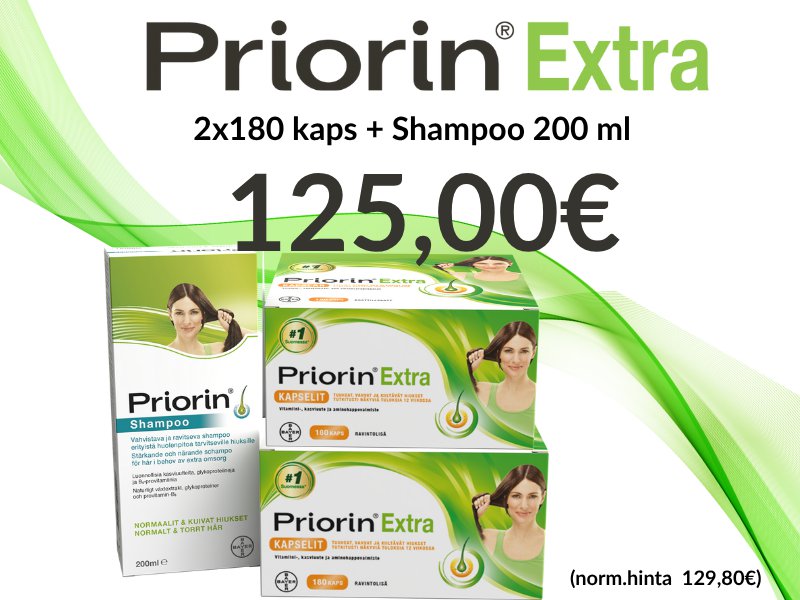 Priorin Extra + shampoo pohjahintaan.