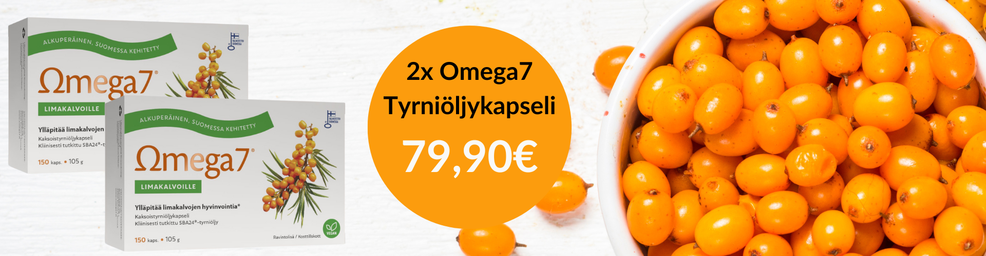 Omega 7 tyrniöljykapselit 2x150kaps. vain 79,90.