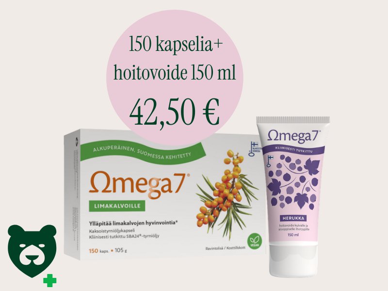 Omega 7 tyrniöljykapselien tilaajalle lahjaksi Herukka hoitovoide.