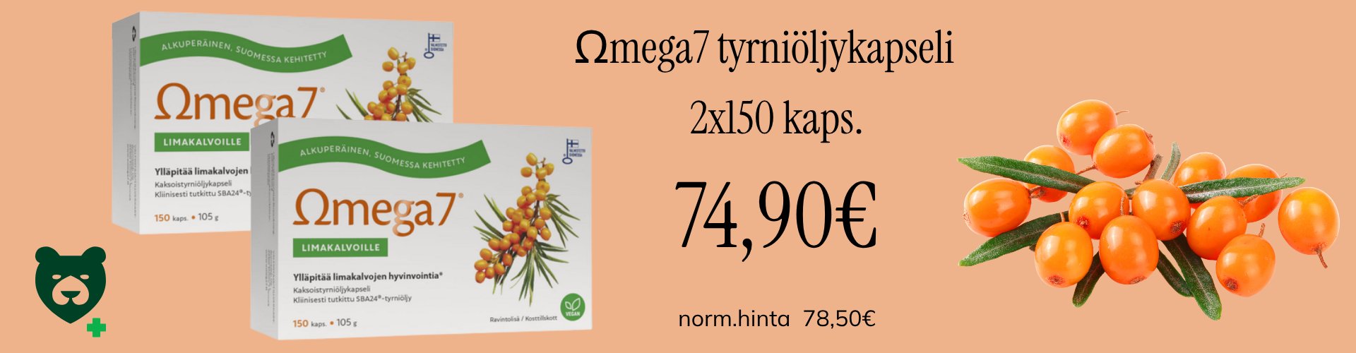 Suomalainen Omega 7 tyrniöljykapselit tuplapakkauksessa halvalla.