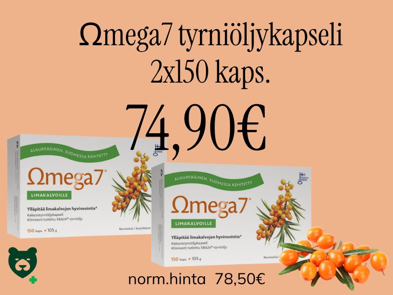 Suomalainen Omega 7 tyrniöljykapselit tuplapakkauksessa halvalla.