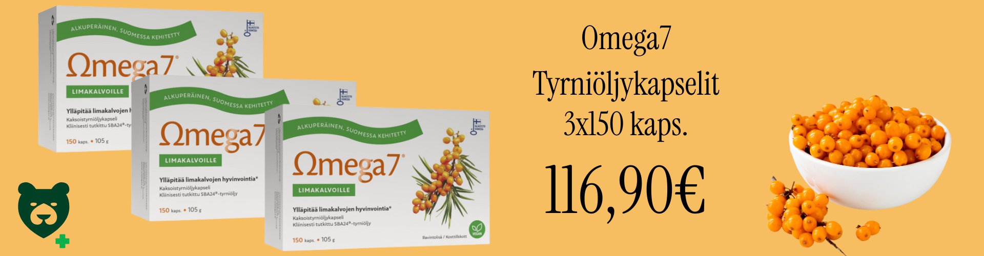 Kotimainen Omega7 tyrniöljykapselit säästöpakkauksessa!
