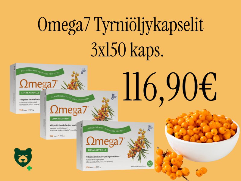 Kotimainen Omega7 tyrniöljykapselit säästöpakkauksessa!