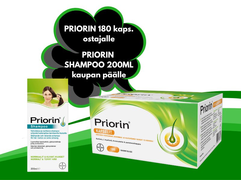 Priorin 180 kaps. halvalla ja shampoo kaupan päälle.