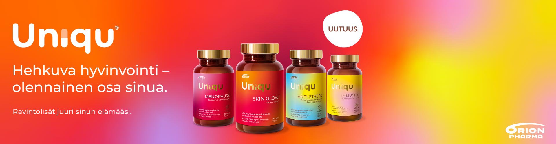 Uniqu ravintolisä apteekista stressiin, immuunipuolustukseen, ihon hyvinvointiin, menopaussiin. Apteekista ravintolisät menopaussiin.