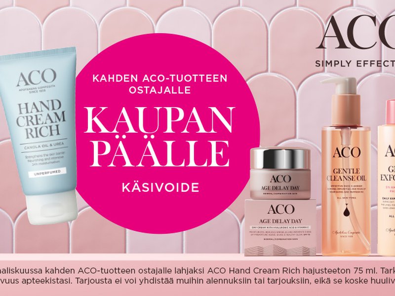 ACO party apteekissa: Kahden ACO-tuotteen ostajalle käsivoide kaupanpäälle!
