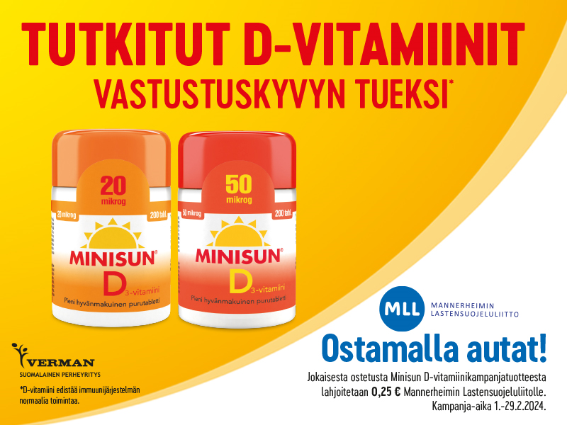 minisun d-vitamiini lahjoita tarjous 20 mikrogrammaa