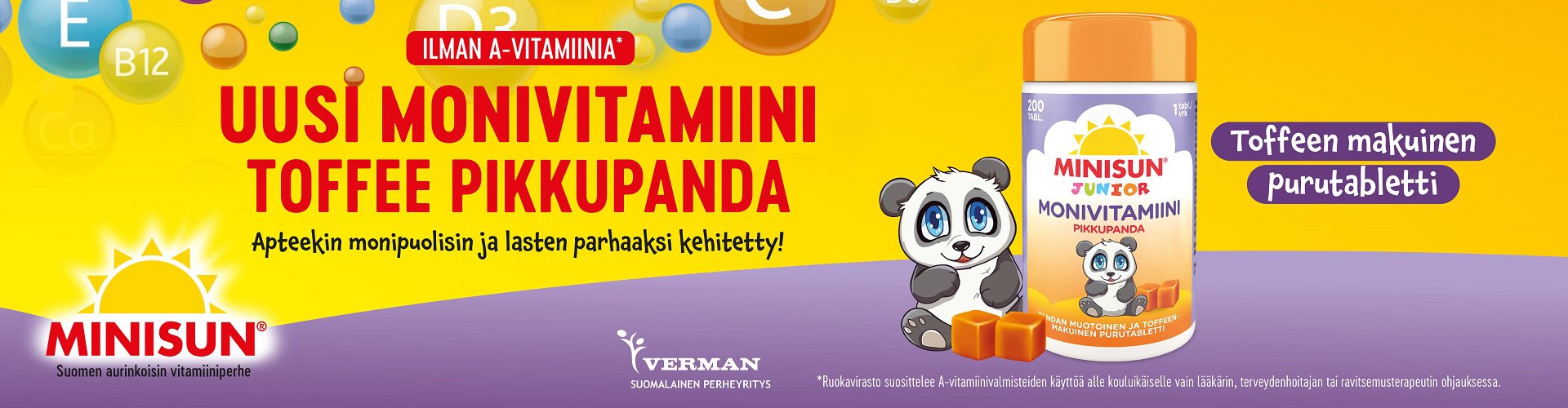 Uusi lasten monivitamiini Minisun Pehmopanda ale apteekissa