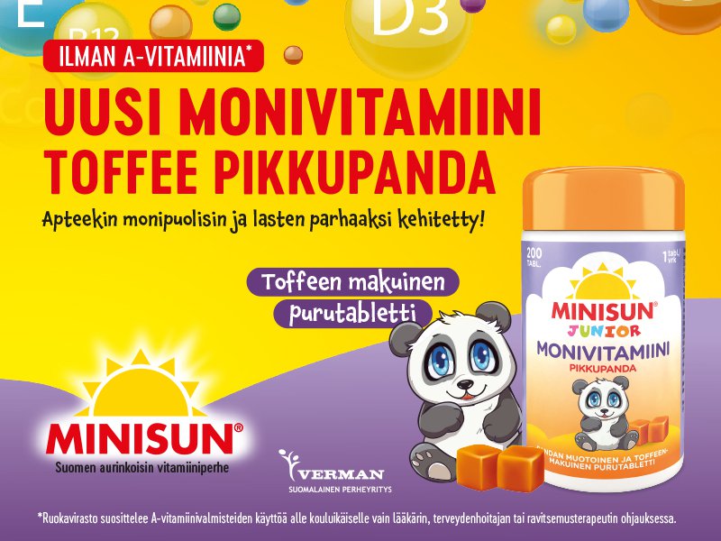 Uusi lasten monivitamiini Minisun Pehmopanda ale apteekissa